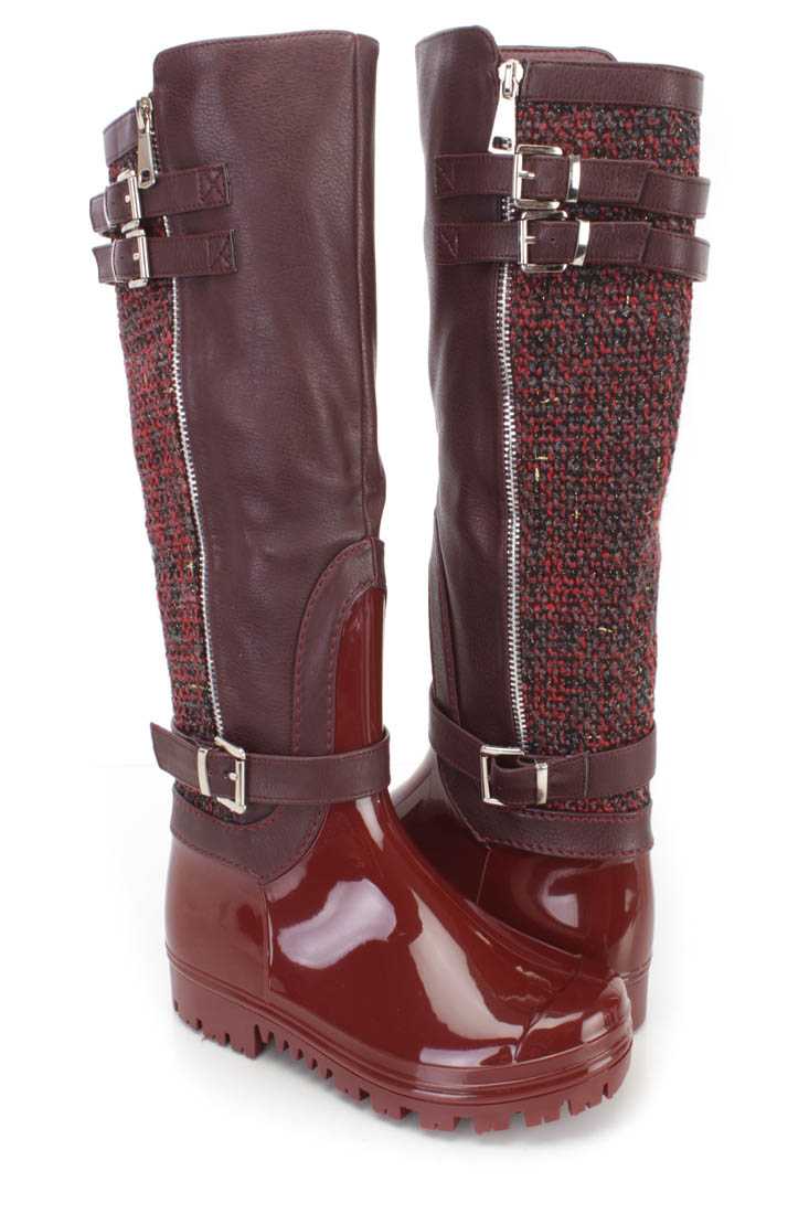 Wine Strappy Rain Boots PVC Faux Leather Tweed
