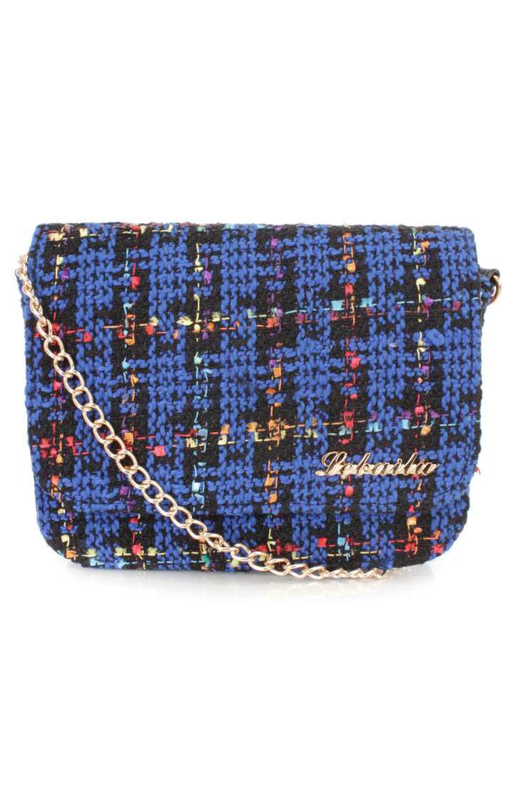 Blue Tweed Chain Strap Mini Shoulder Handbag