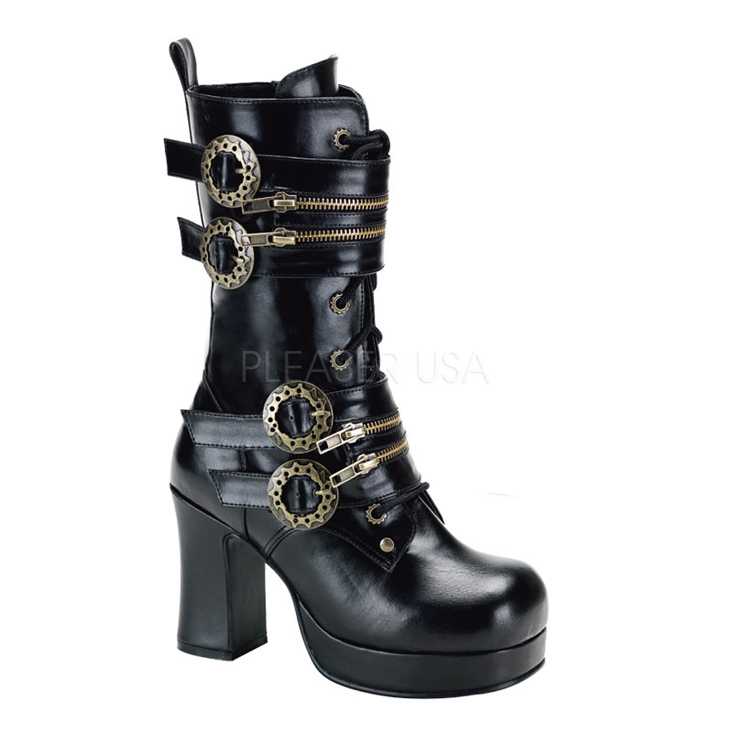 Black Faux Leather Gear Buckled Steampunk Boots