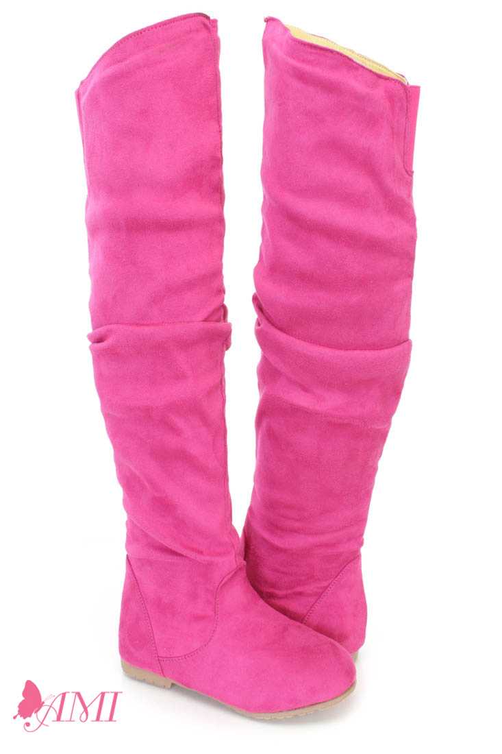 Neon Pink Slouchy Shaft Thigh High Boots Faux Suede
