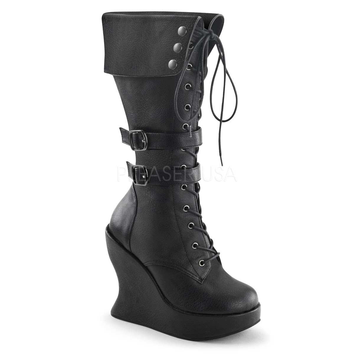 Black Knee High Cuffed Wedge Boots Faux Leather