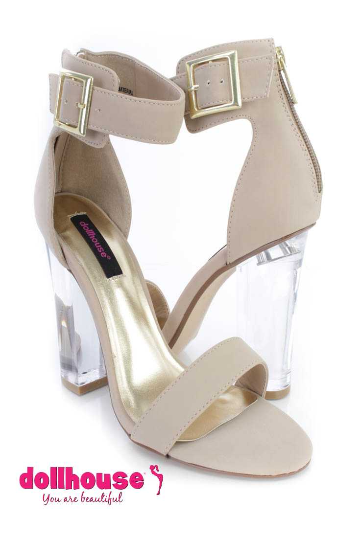 Nude Single Sole Clear Chunky Heels Faux Leather