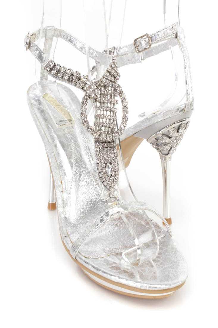 Silver Rhinestones T Strap Sandal High Heels Faux Leather