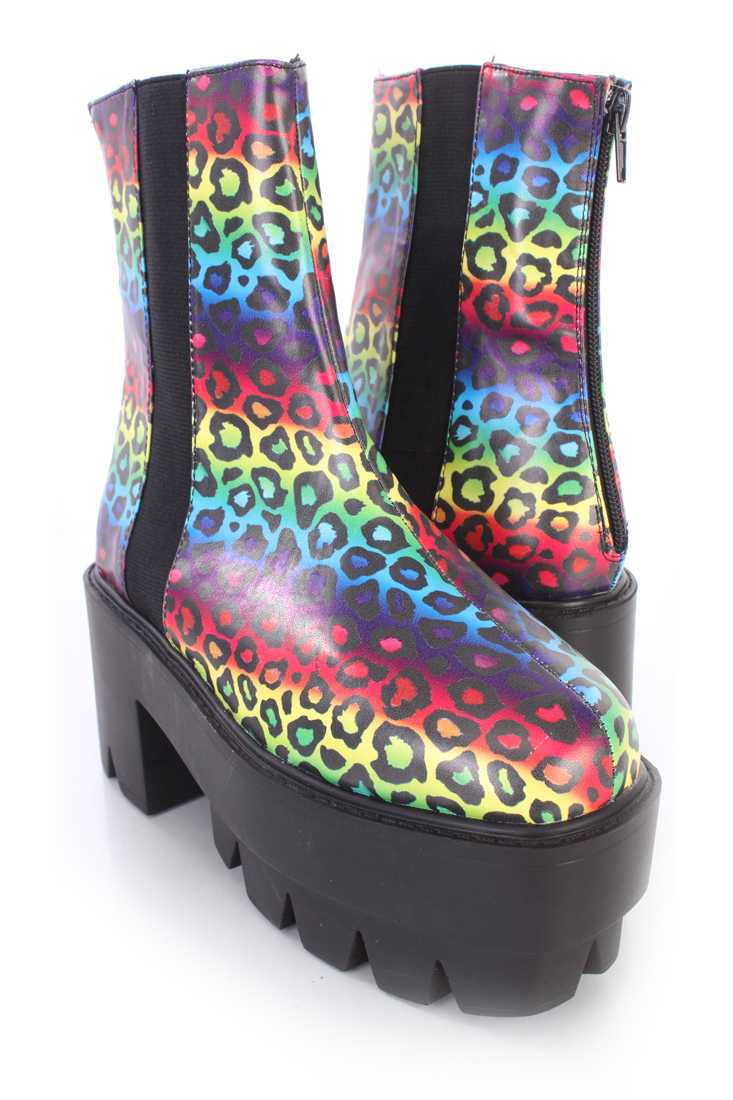 Rainbow Leopard Traction Sole Platform Booties Faux Leather