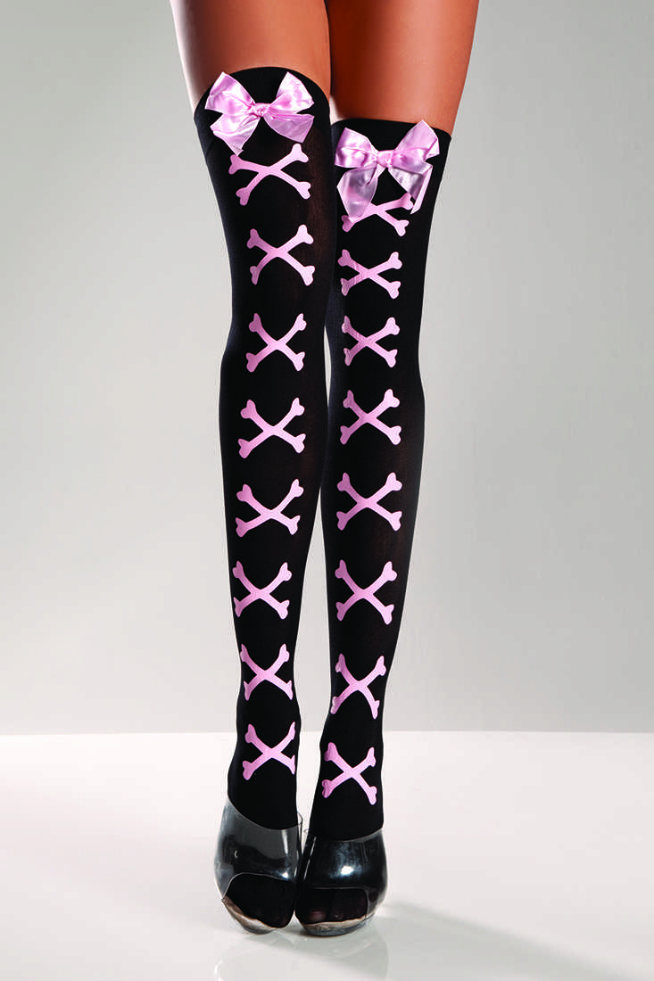 Black Pink Crossbones Thigh Highs