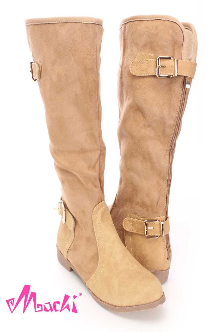 Beige Mid Calf Strappy Boots Faux Suede Leather