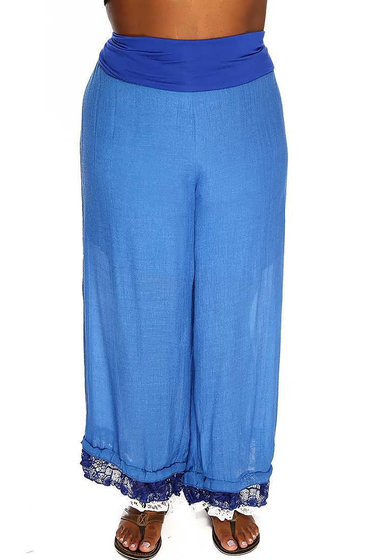 Royal Blue High Waist Lace Trim Plus Size Summer Gaucho Pants