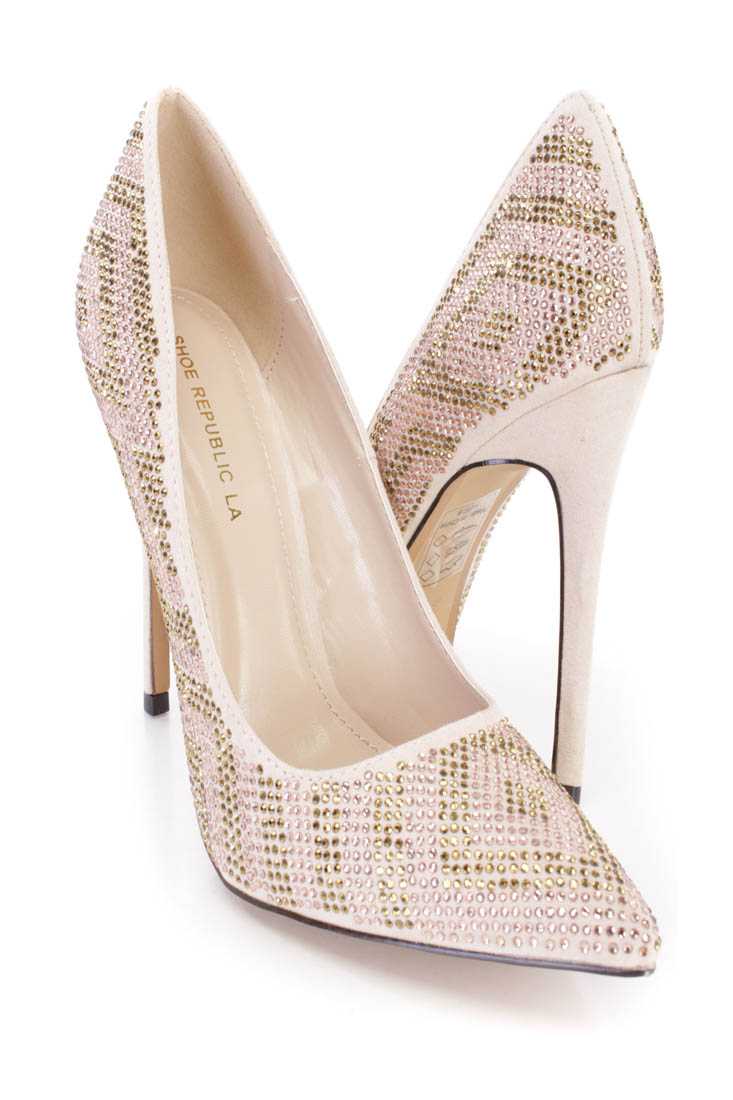Nude Rhinestone Design Single Sole Pump Heels Faux Suede
