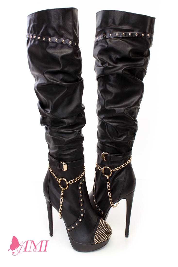 Black Slouchy Studded Knee High Heel Boots Faux Leather