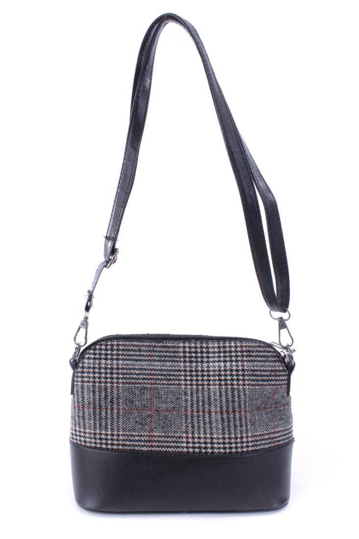 Black Plaid Canvas Faux Leather Accent Handbag