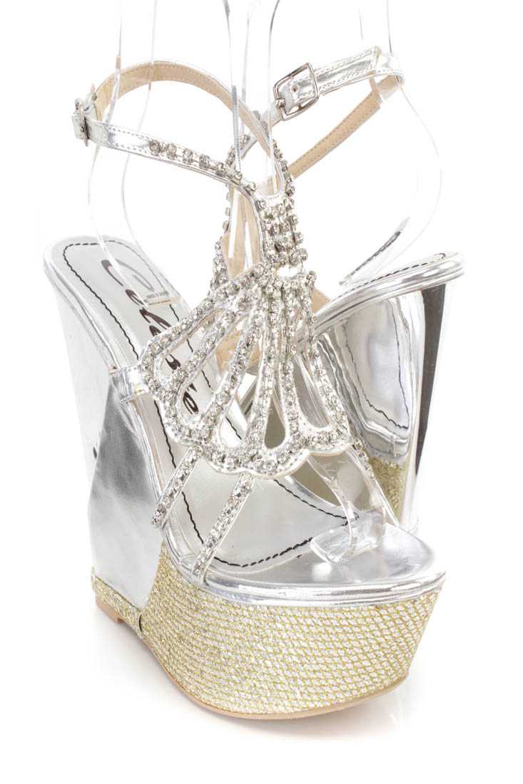 Silver Rhinestone Platform Wedges Faux Leather