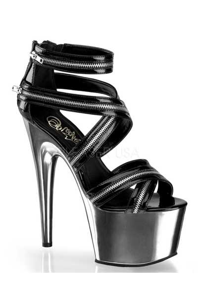 Black Pewter Chrome Zipper Strappy High Heels