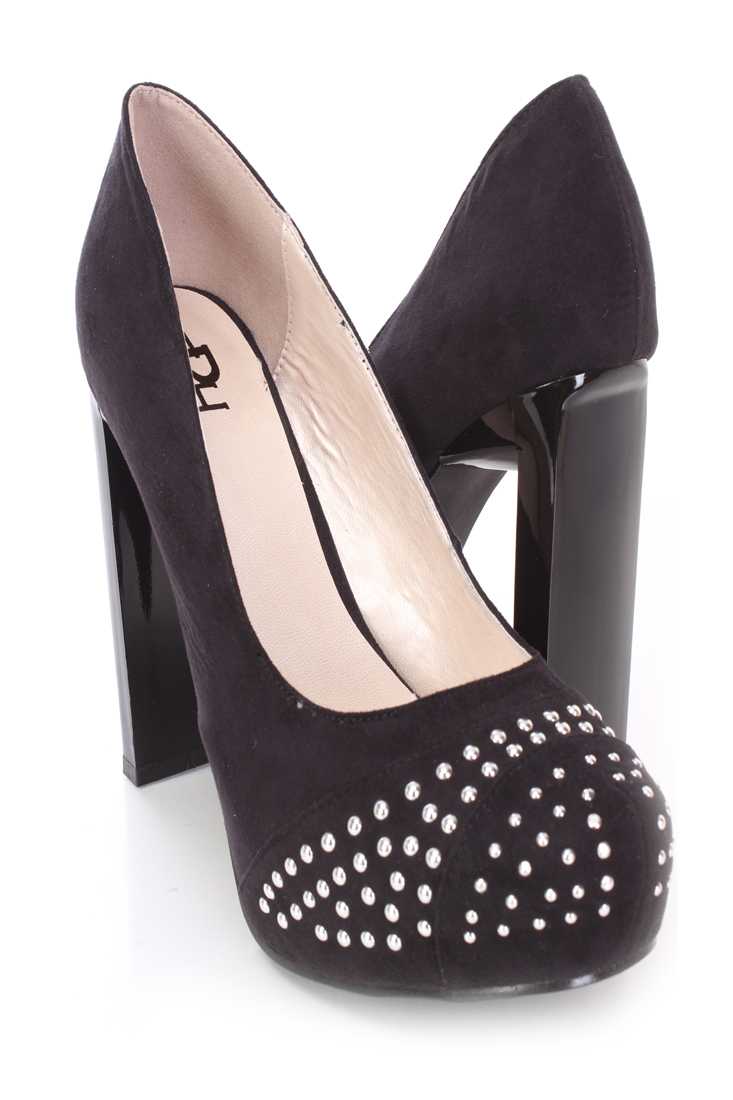 Black Studded Pump Heels Faux Suede