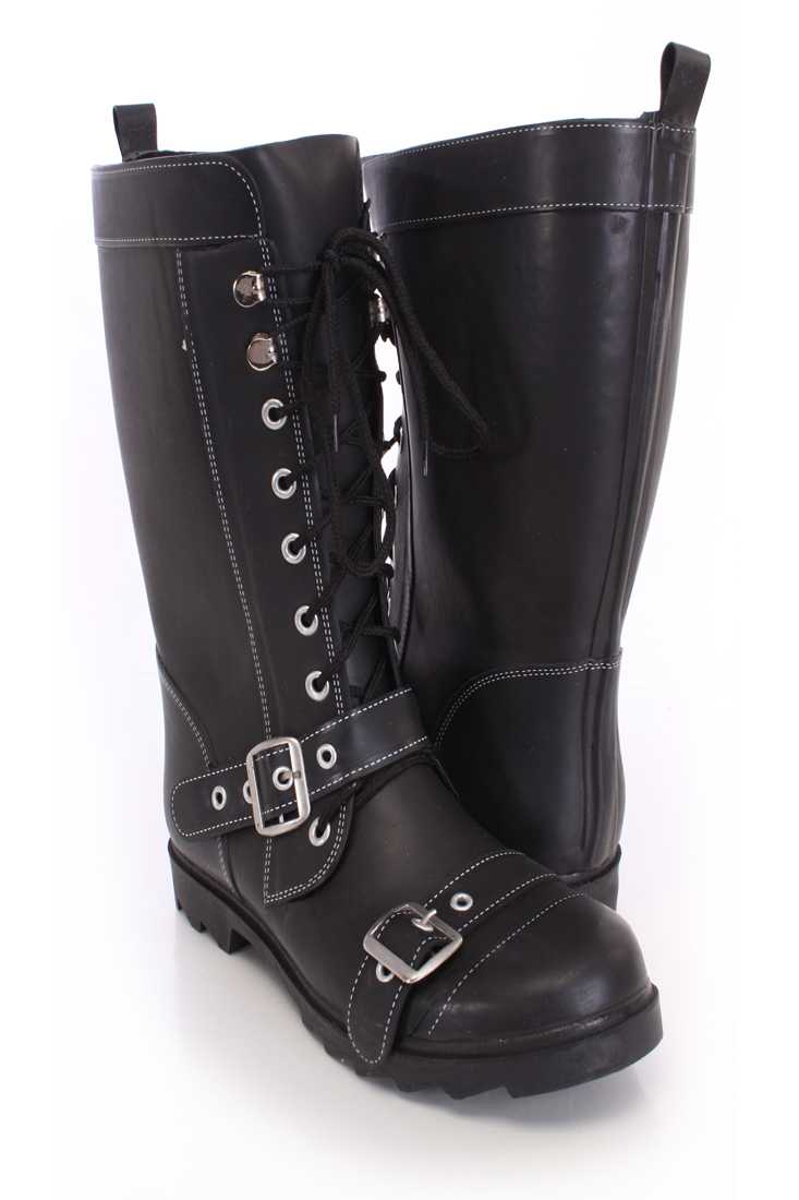 Black Lace Up Strappy Rain Boots Rubber