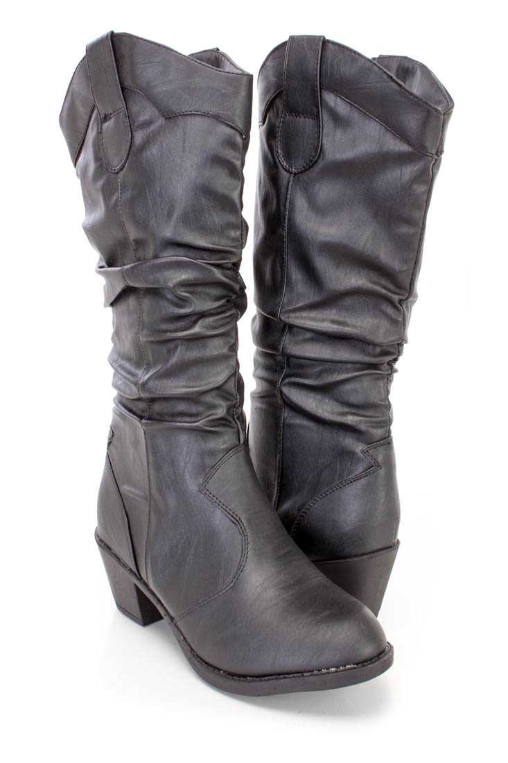 Black Slouchy Western Style Boots Faux Leather