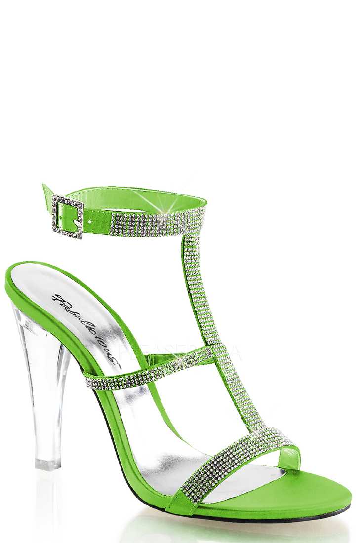 Apple Green Rhinestone T Strap Satin High Heels