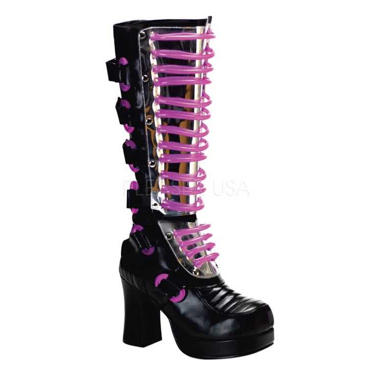 Black Hot Pink UV Tube Chunky Boots Faux Leather