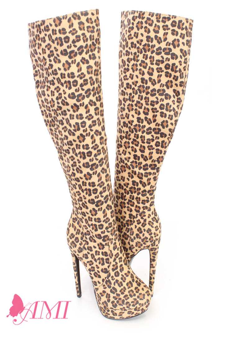 Leopard Platform High Heel Boots Faux Suede