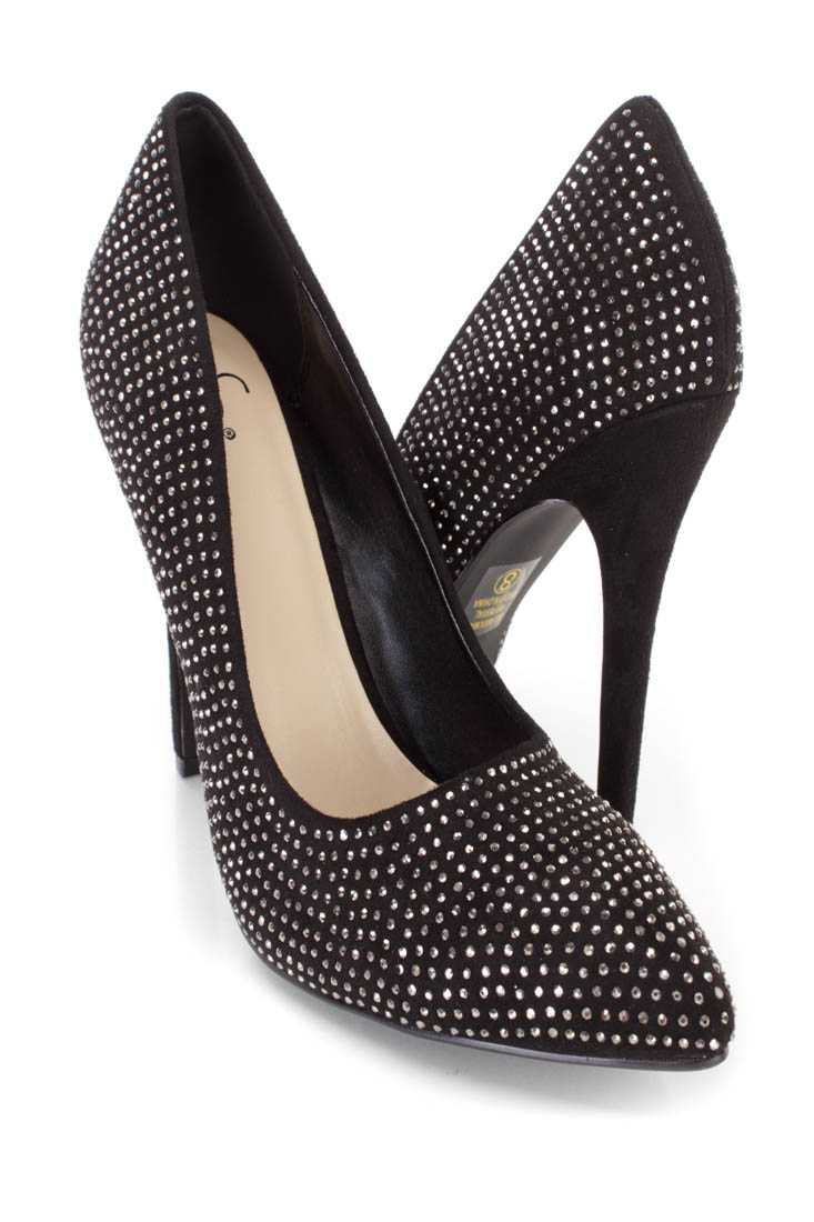Black Gunmetal Rhinestone Single Sole Pump High Heels Faux Suede