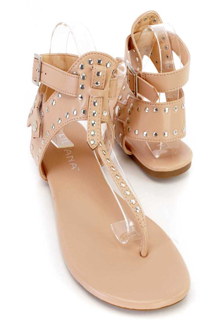 Nude Studded T Strap Thong Sandals Faux Leather