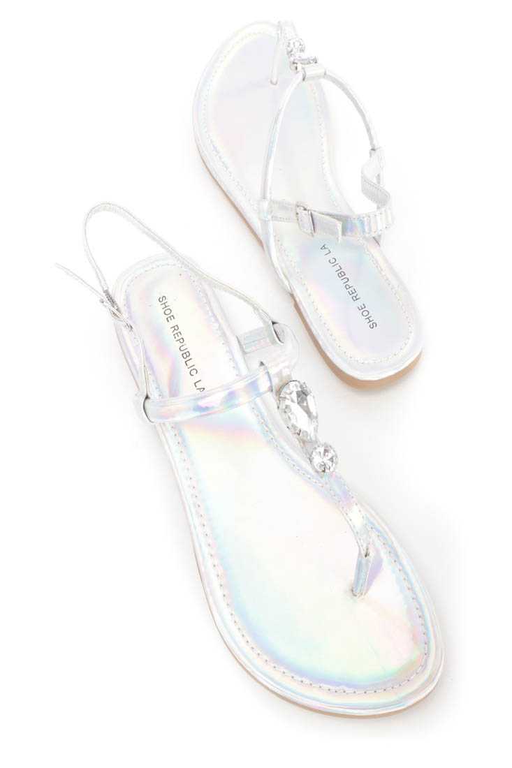 Silver Faceted Gemstone Decor Thong Sandals Faux Leather