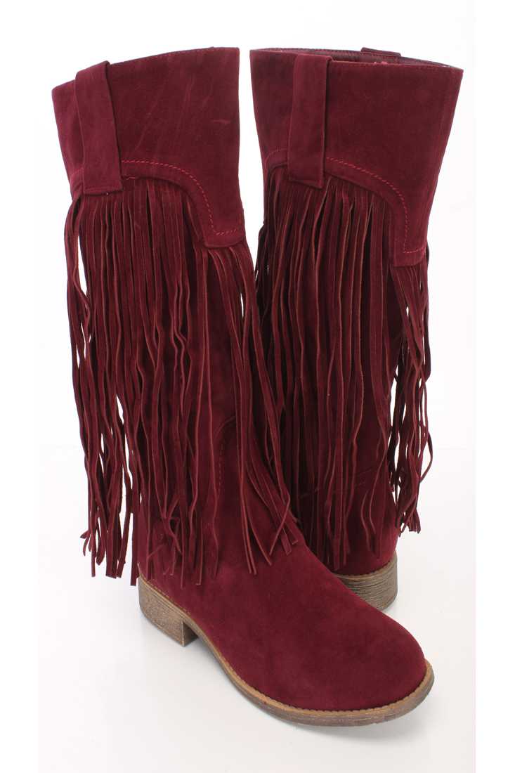 Maroon Fringe Closed Toe Mid Calf Boots Faux Suede