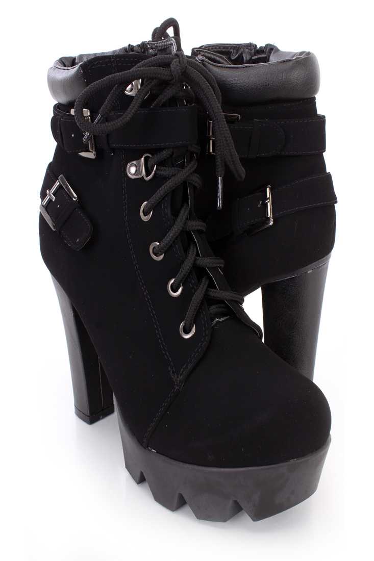 Black Lace Up Platform Ankle Booties Nubuck