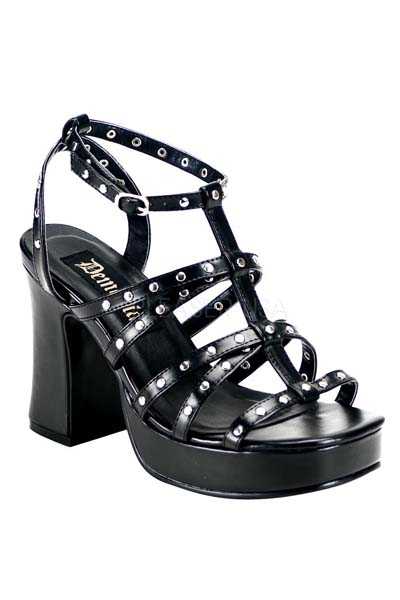 Black Faux Leather Strappy Chunky High Heels