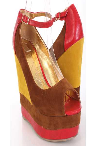 Coffee Red Mustard Faux Suede Colorblock Peeptoe Platform Wedges