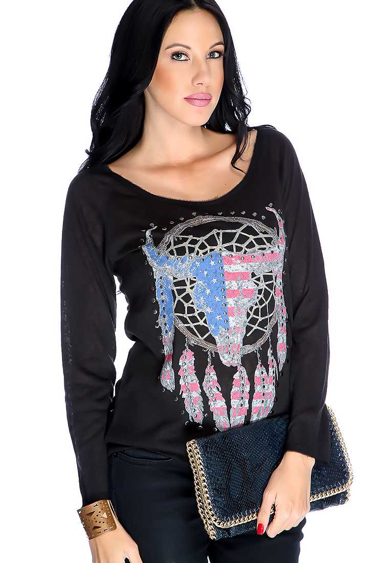Black Long Sleeve Graphic Print Studded Casual Top