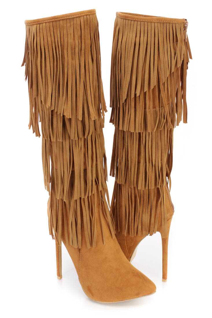 Tan Fringe Tiered Heel Boots Faux Suede