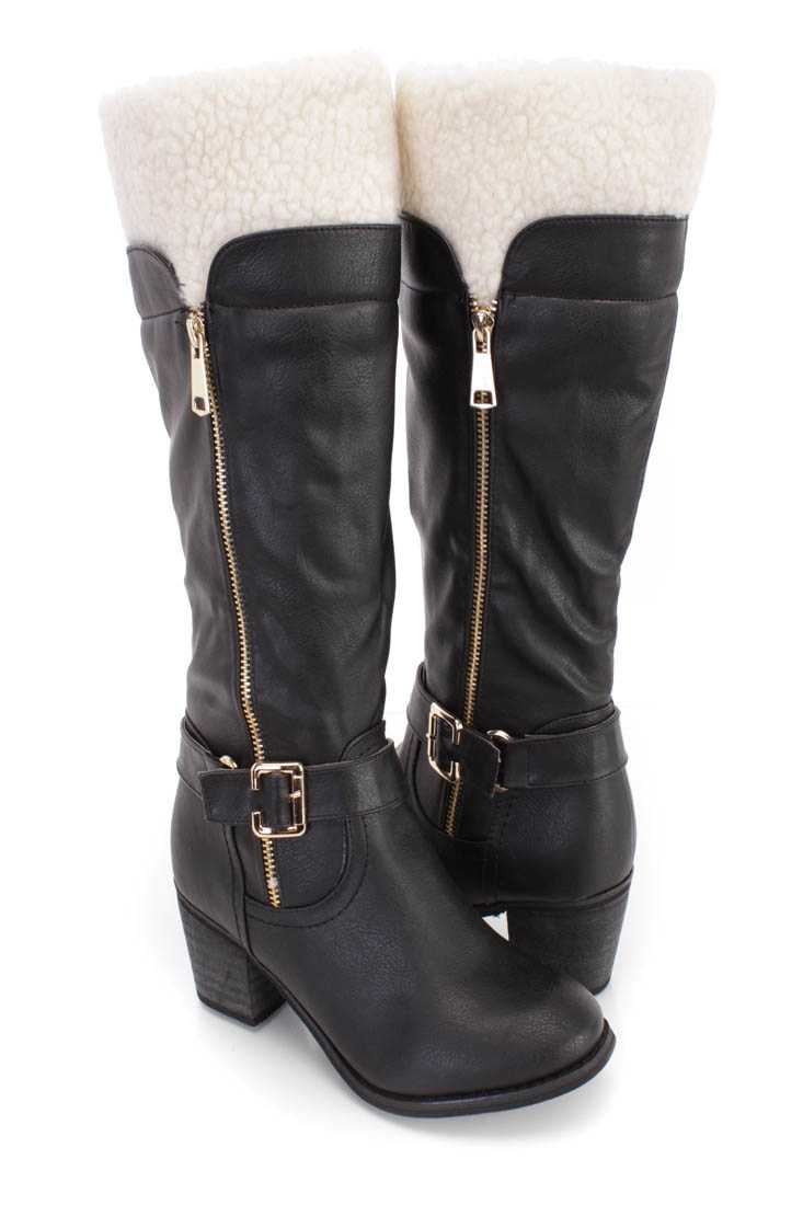 Black Faux Shearing Chunky Heel Boots Faux Leather