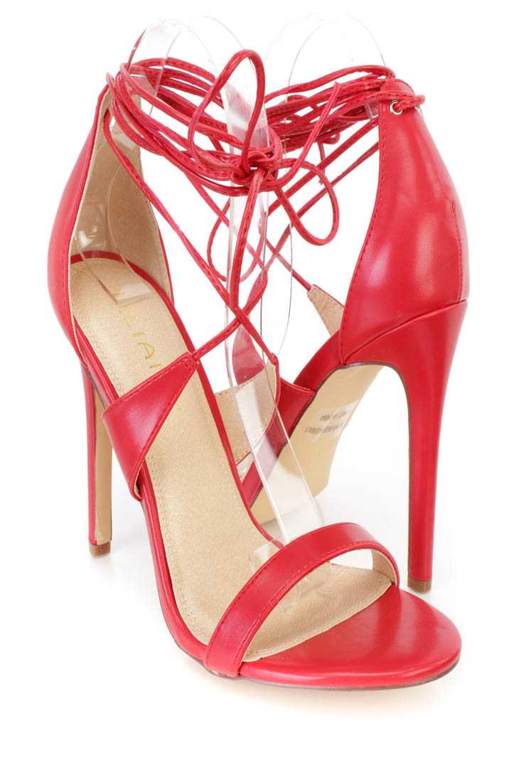 Red Lace Up Open Toe Single Sole High Heels Faux Leather