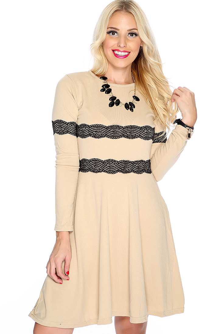 Sexy Beige Black Scallop Lace Long Sleeve Party Dress
