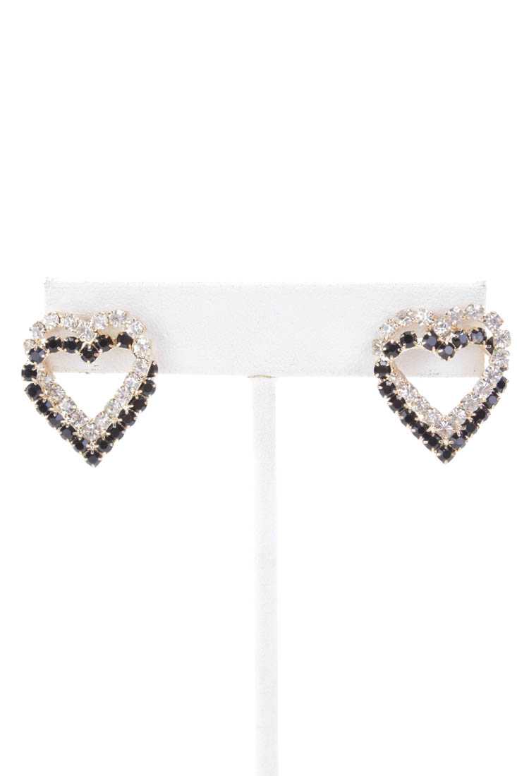 Gold Black Rhinestone Trimmed Heart Earrings