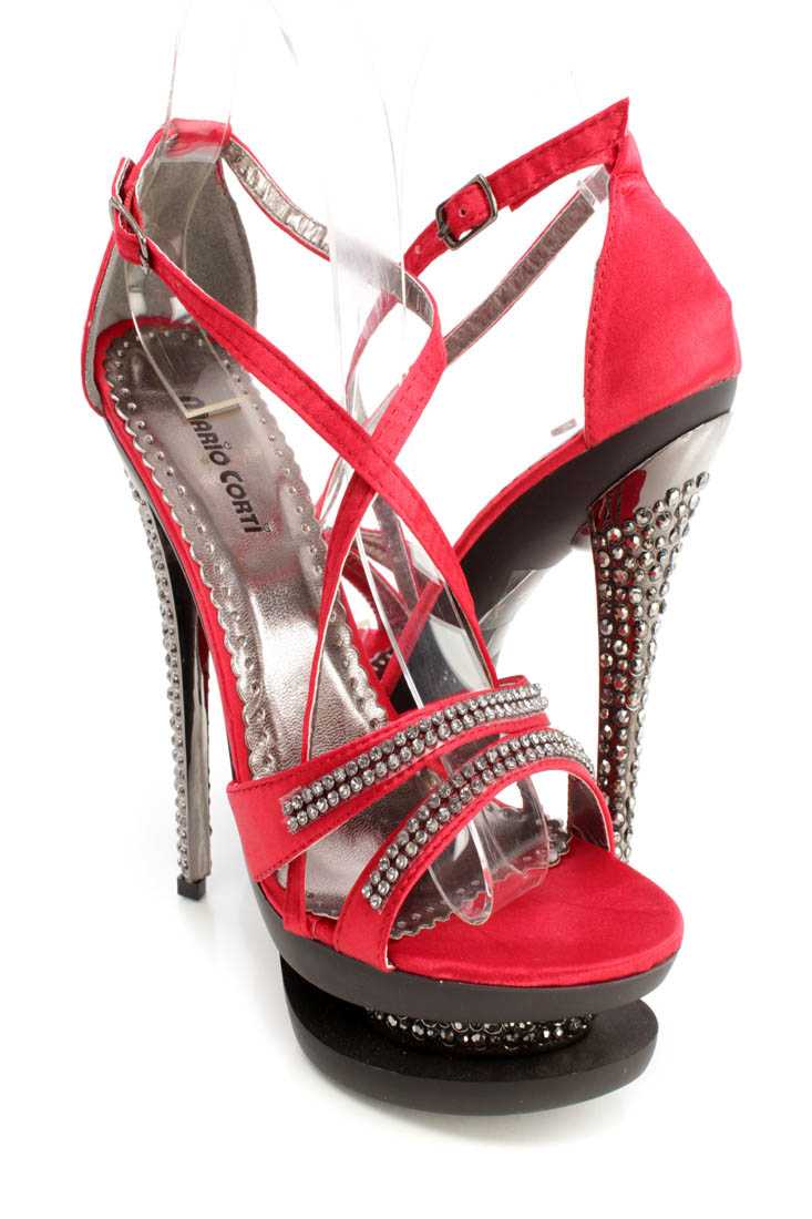 Red Rhinestone Cross Strappy 6 Inch High Heels Satin