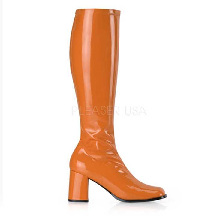 Orange Stretch Patent Block Heel GoGo Boots