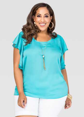 Satin Ruffle Sleeve Blouse