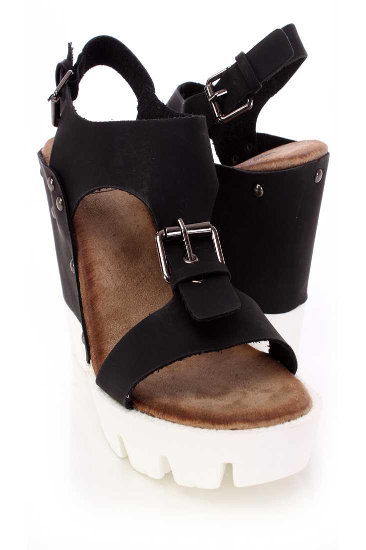 Black Buckle T Strap Wedges Faux Leather