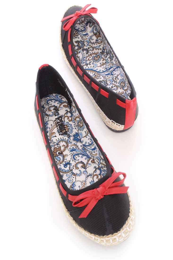 Black Woven Espadrille Trimmed Flats Faux Leather