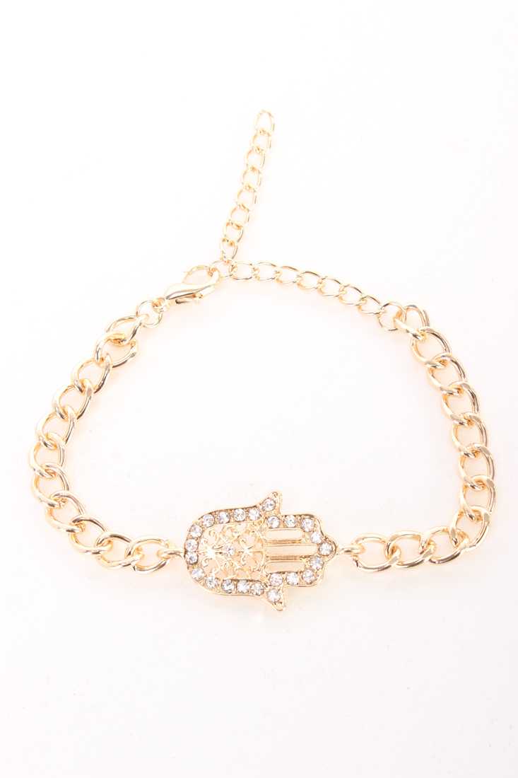 Gold Rhinestone Tribal Hand Charm Chain Bracelet