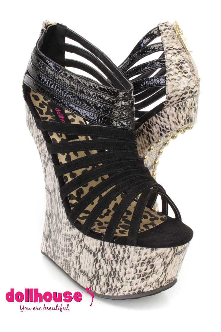 Black Strappy Snake Skin Platform Gravity Wedges Faux Suede