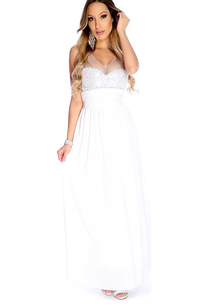Sexy White Silver Sequins Party Maxi Dress