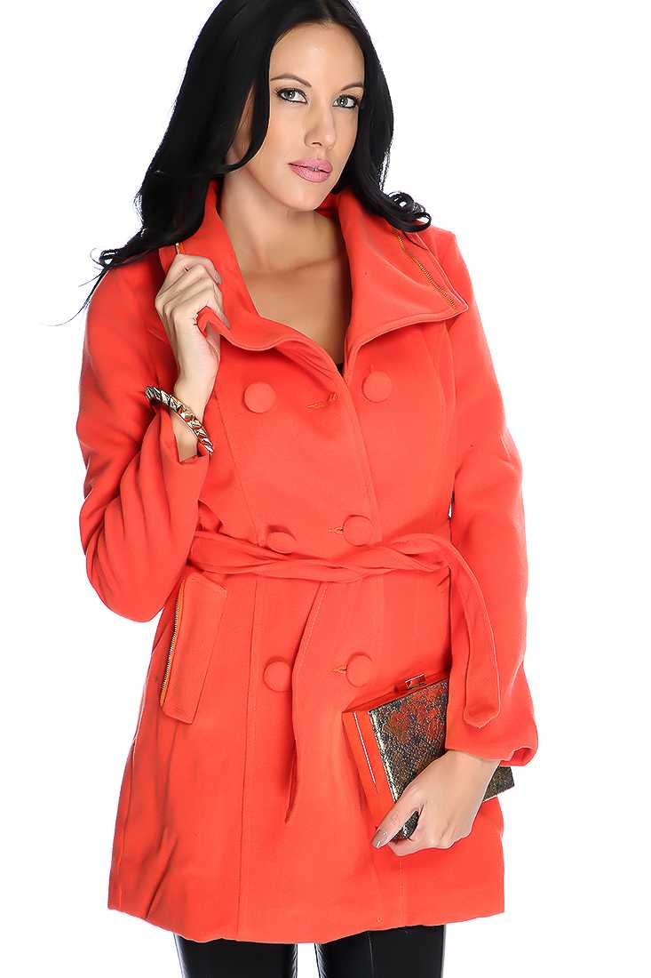 Orange Button Up Zipper Detail Belted Coat