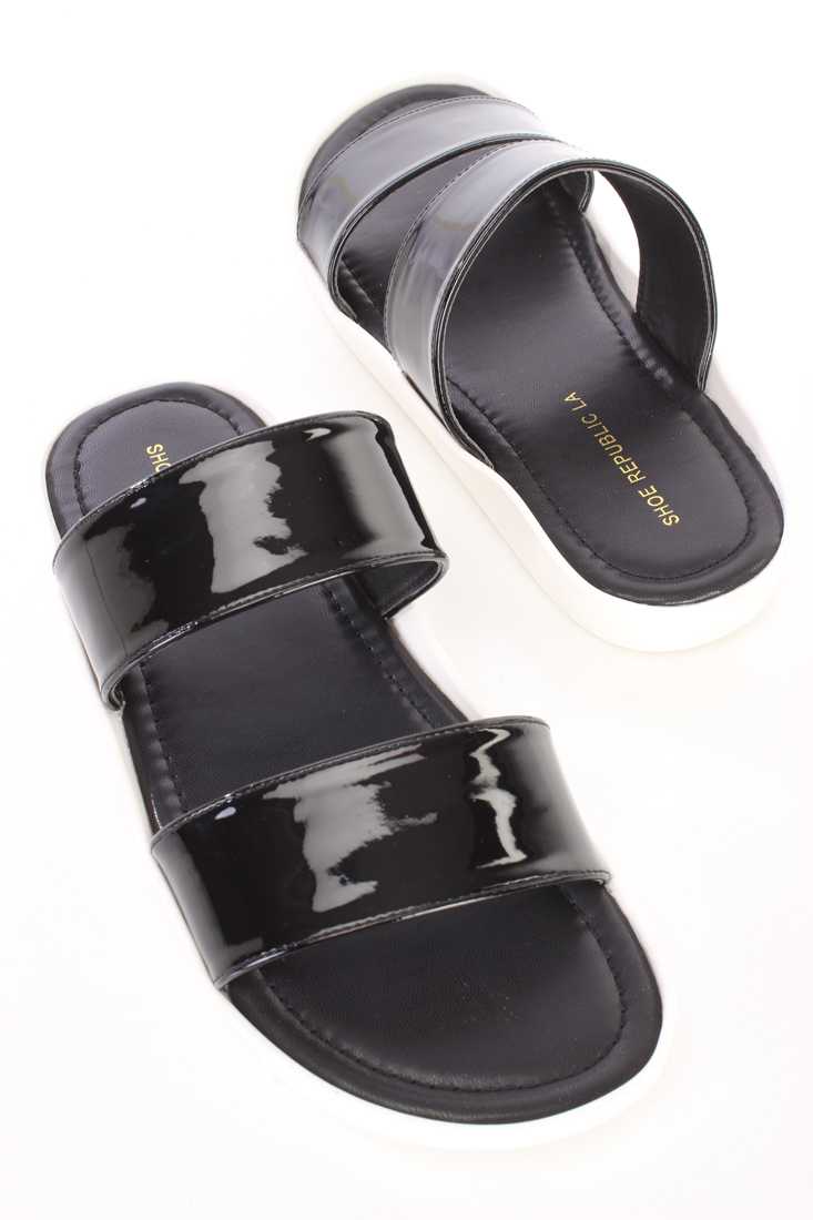 Black Strappy Slip On Sandals Patent Faux Leather