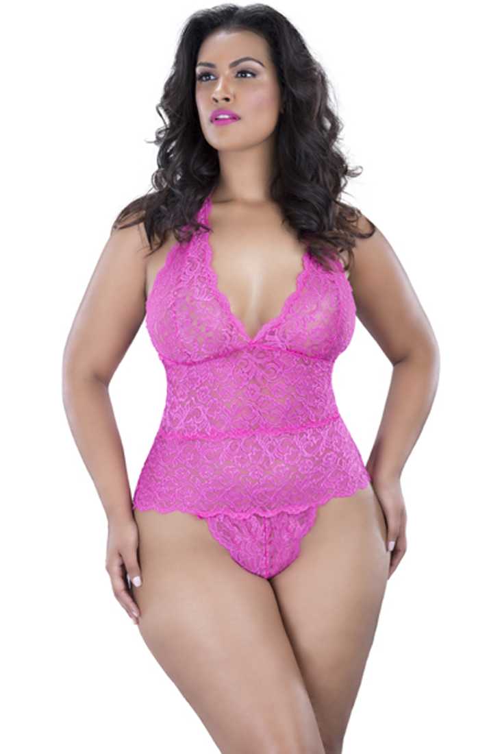 Hot Pink Lace Halter Sexy Intimates Plus Size Teddy