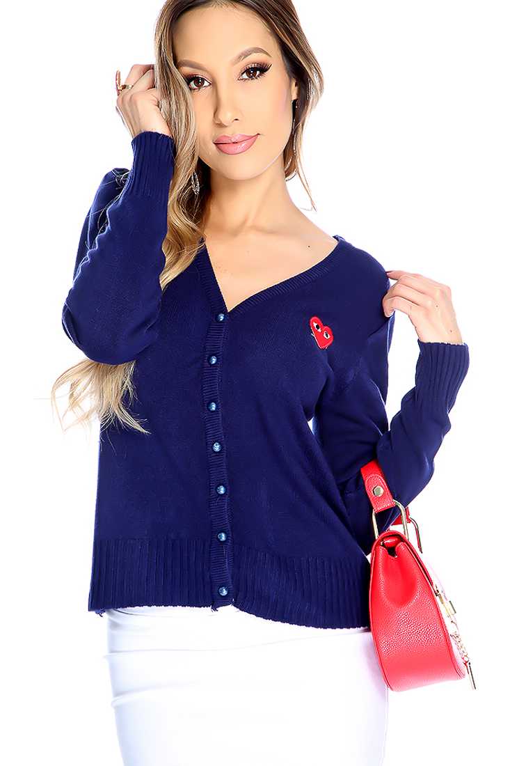 Navy Button Up Heart Patch Cardigan