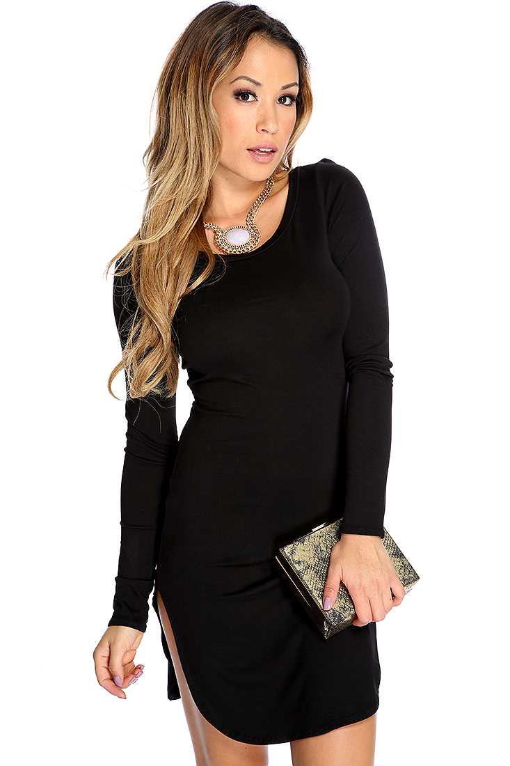 Black Long Sleeve High Slit Casual T-Shirt Dress