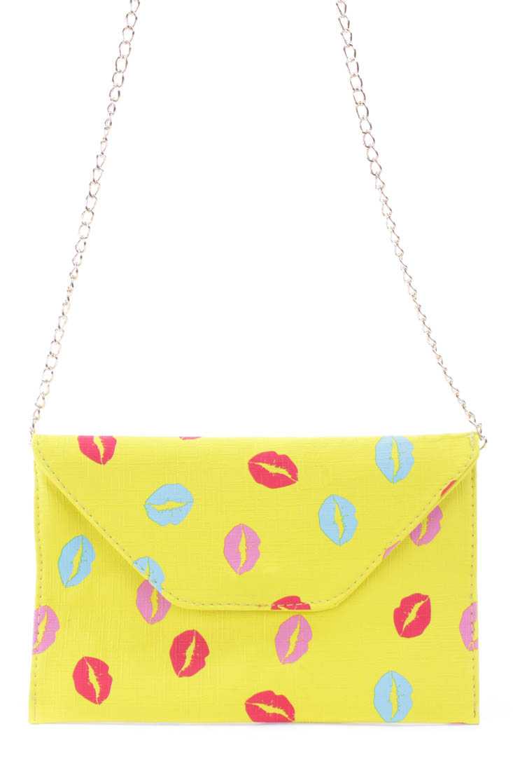Yellow Faux Leather Lip Print Envelope Handbag