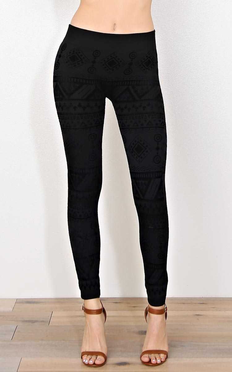 Geometric Fleece Lined Leggings - Charcoal Combo in Size by Styles For Less